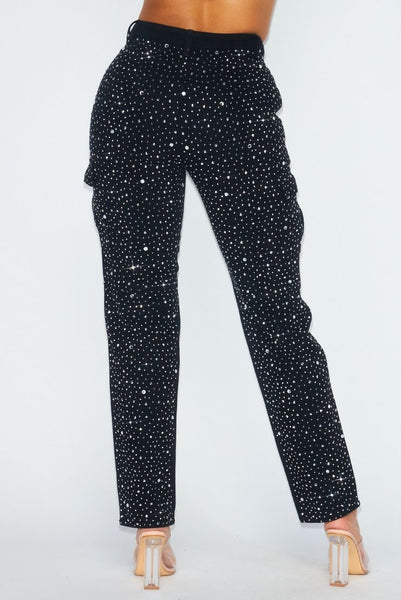 Women's Jenny Rhinestone Denim Cargo Pants - Black in Size Large - Blue - Pippa & Pearl