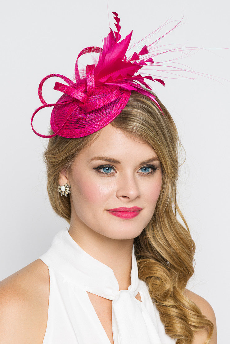 Pink fuchsia feather fascinator, bright fuchsia wedding fascinator, hot pink halo crown fascinator, hot retail fuchsia halo crown, pink fascinator