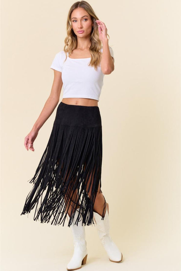 Bonnie Faux Suede Fringe Midi Skirt - Black