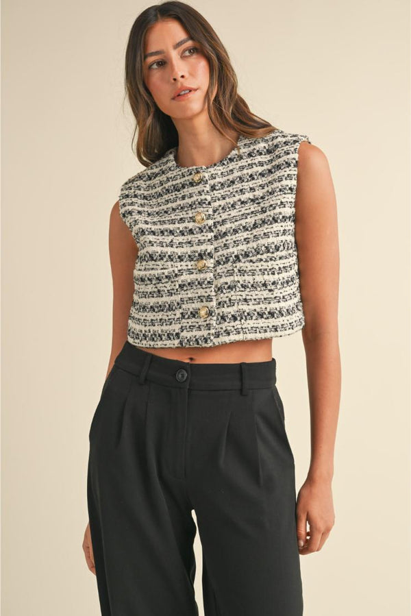 Sienna Tweed Front Pocket Crop Vest - Black & White