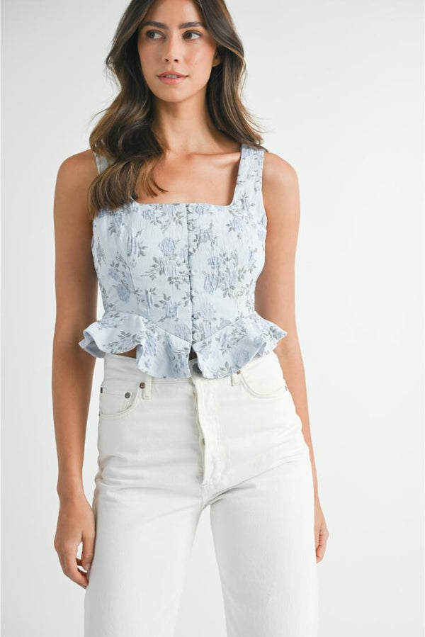 Annabelle Florals Jacquard Peplum Cropped Top - Blue