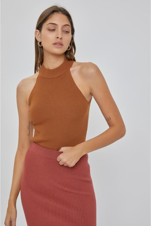 Halter Neck Knit Stretch Sweater Top - Toffee