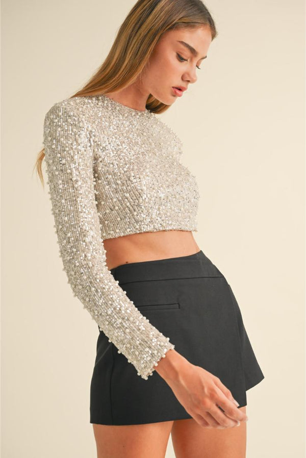 Margaret Sequin and Pearl Crop Top - Champagne