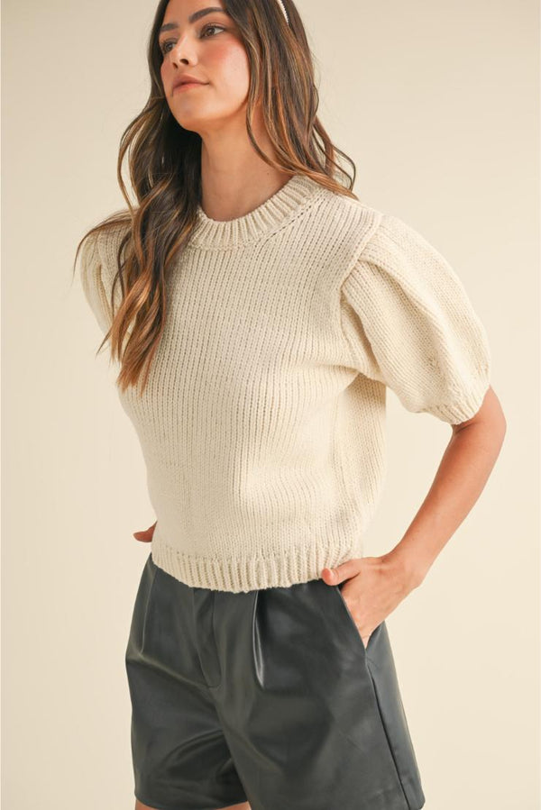 Reina Puff Short Sleeve Sweater Top - Cream