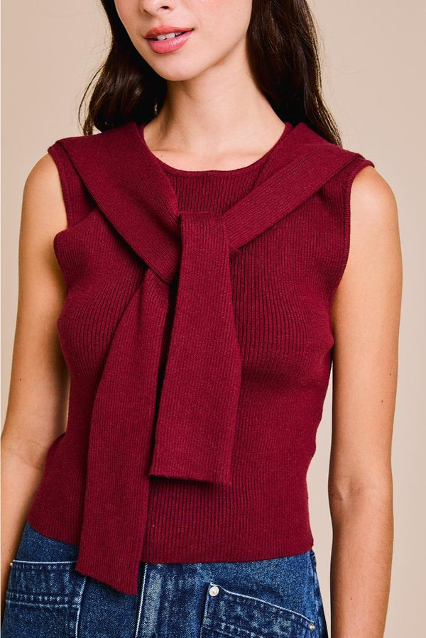 Crimson Faux Sleeve Tie Detail Sleeveless Sweater Top