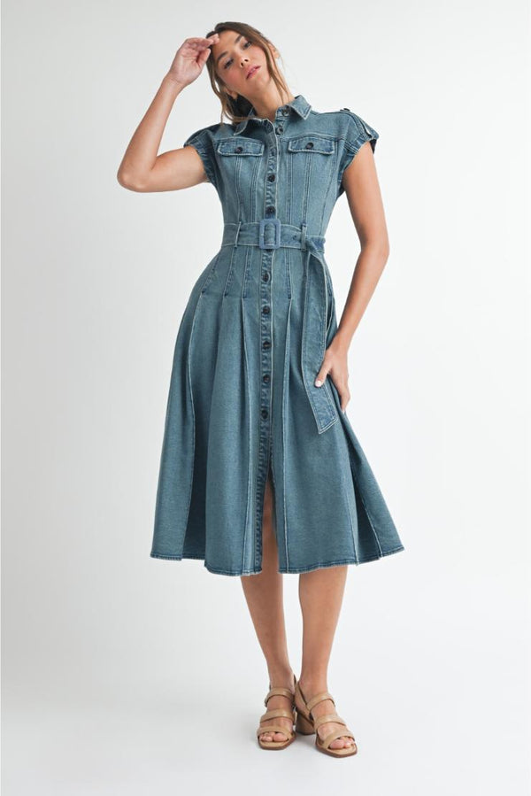 Dana Button Up Belted Denim Midi Dress