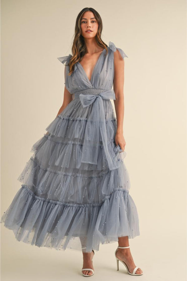 Carmella Tiered Tulle Maxi Dress - Dusty Blue