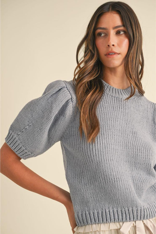 Reina Puff Short Sleeve Sweater Top - Dusty Blue