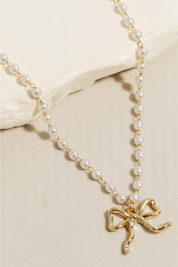 Gold Bow and Pearl Chain Necklace