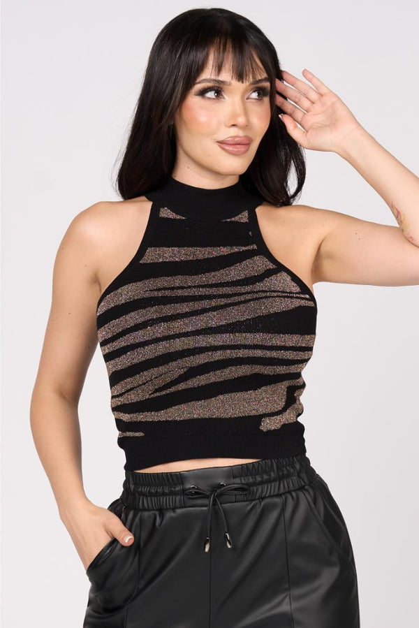 Zoya Zebra Print Metallic Knit Crop Top - Gold