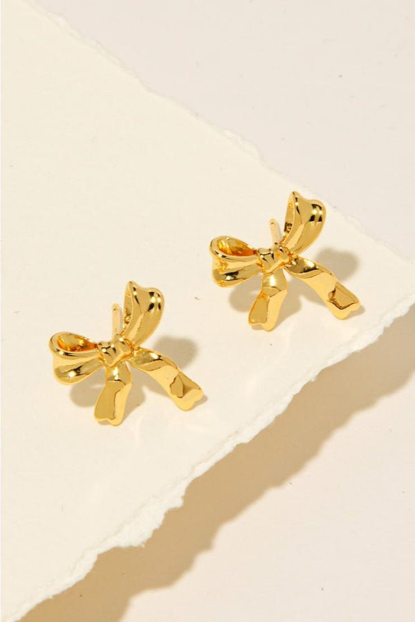 Metallic Ribbon Bow Stud Earrings - Gold