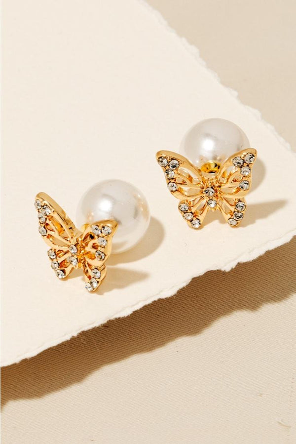 Gold Butterly Pave Pearl Backed Stud Earrings