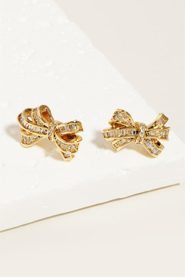 Gold Rhinestone Bow Stud Earrings