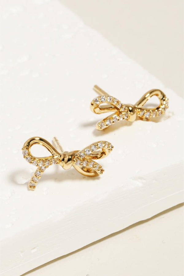 Gold Twist Rhinestone Bow Earrings