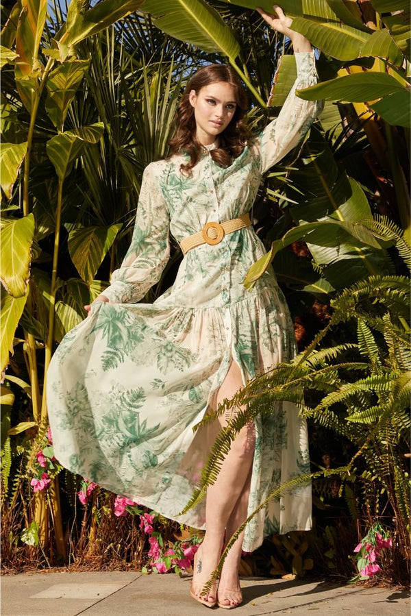 Alara Elegance Maxi Dress - Green Leaf Print