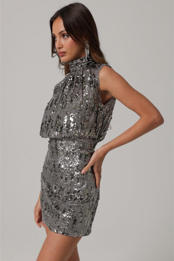 Adele Gunmetal Silver Metallic Sequin Mini Dress