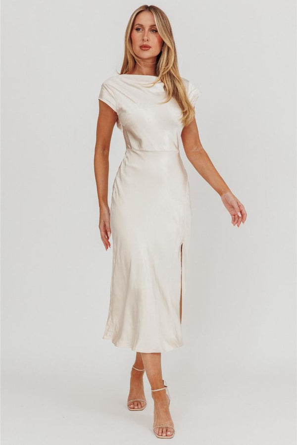 Eliza Twist Back Satin Midi Dress - Ivory