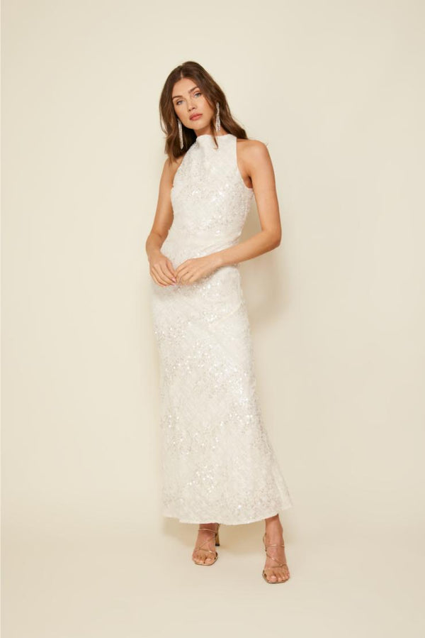 Ivory Sequin Textured Criss Cross Maxi Dress