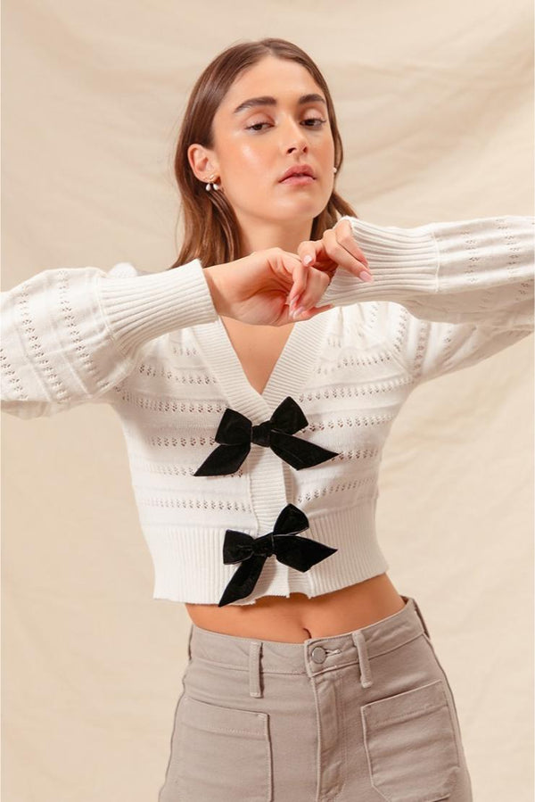 Junie Black Velvet Bow Contrast Sweater - Ivory + Black Bows