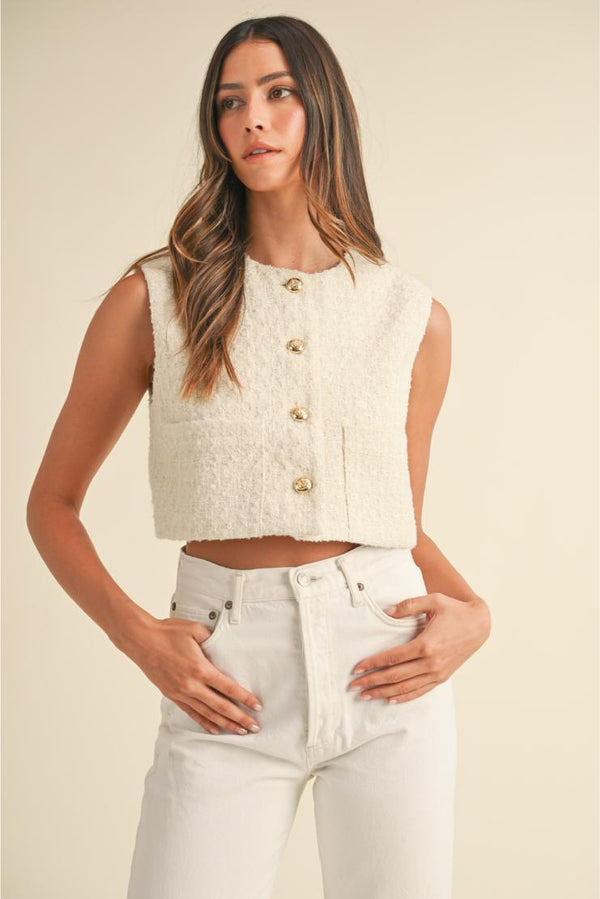 Sienna Tweed Front Pocket Crop Vest - Cream