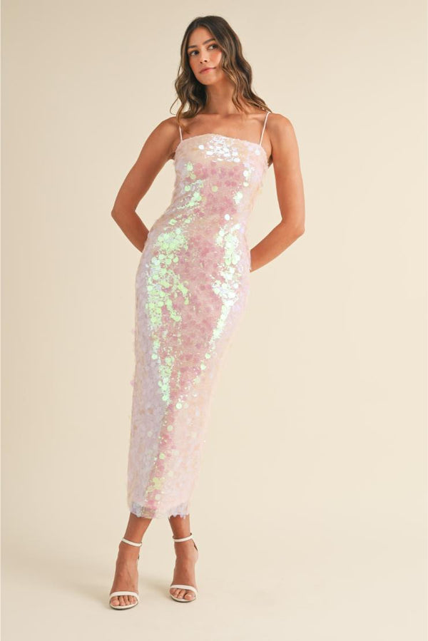 Alicia Large Disc Sequin Spaghettie Strap Maxi Dress