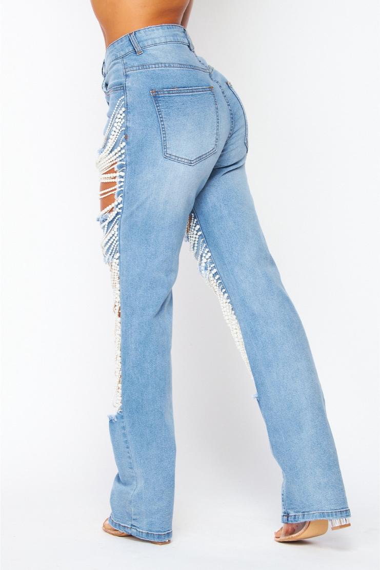Giselle Draped Pearl Detailed Distressed Denim Jean Pants