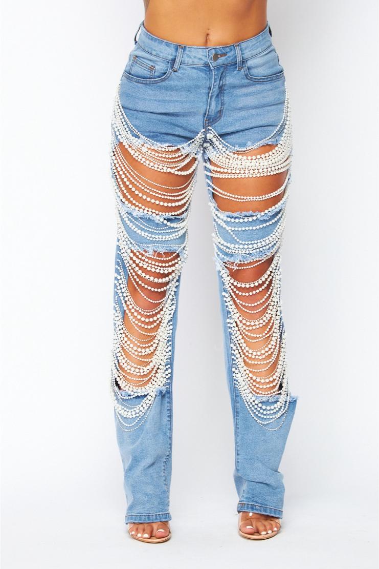 Giselle Draped Pearl Detailed Distressed Denim Jean Pants
