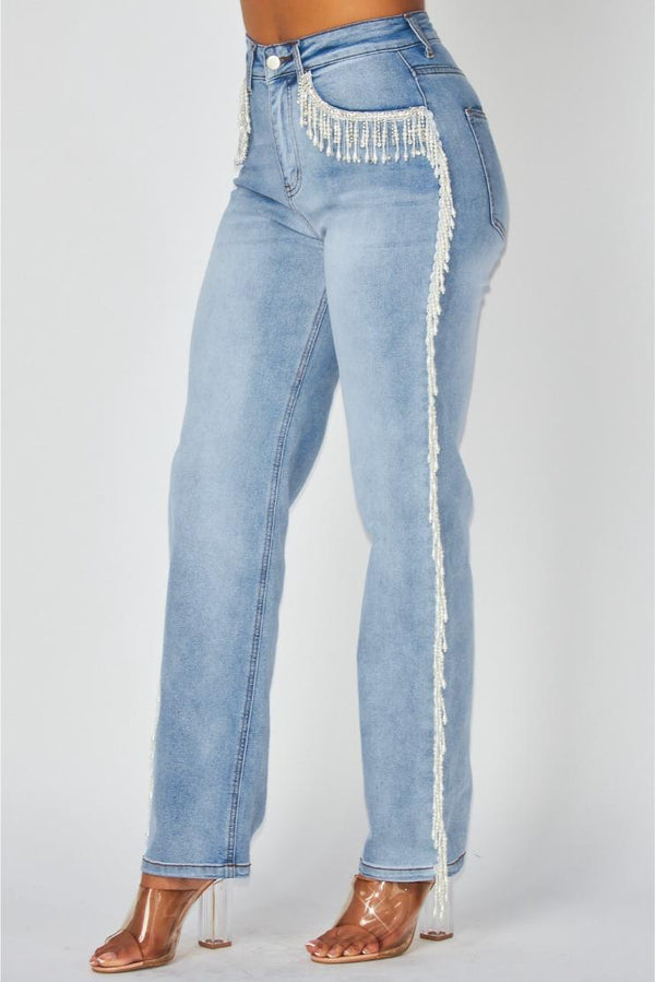 Josie Pearl Fringe High Rise Denim Jeans