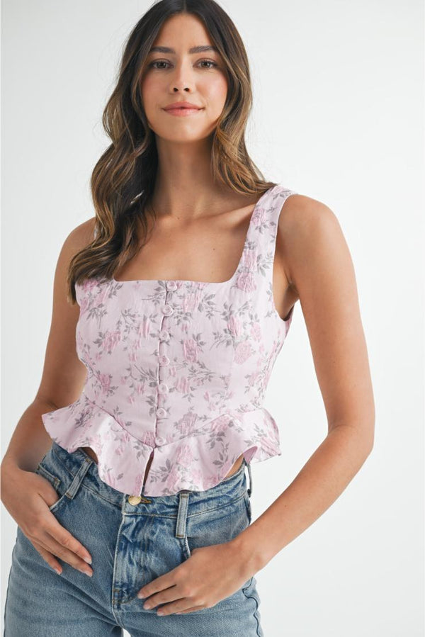 Annabelle Florals Jacquard Peplum Cropped Top - Pink