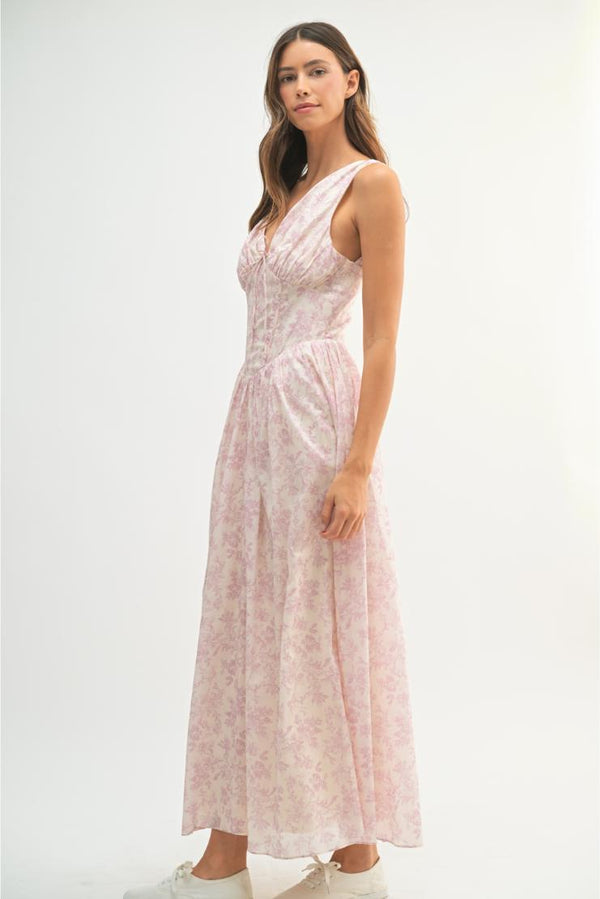 Jolene Floral Print Bustier Bodice Maxi Dress - Pink