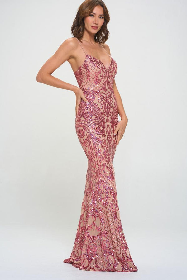 Eva Sequin Mermaid Maxi - Hot Pink & Nude