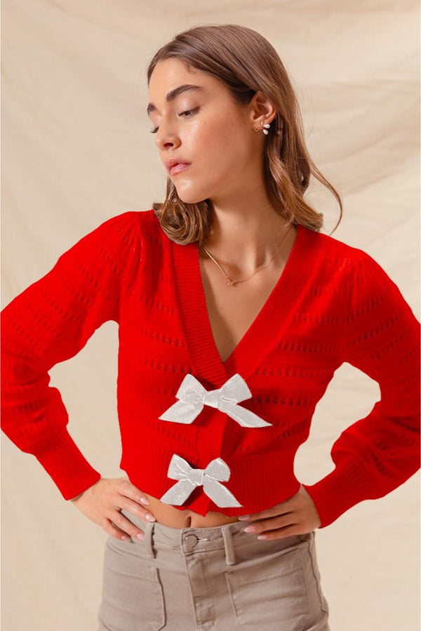 Junie Black Velvet Bow Contrast Sweater - Red + White Bows