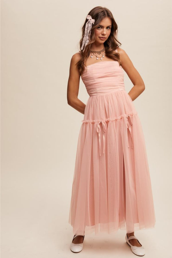 Aurelie Rose Pink Ruched Tulle Maxi Dress - Rose Pink