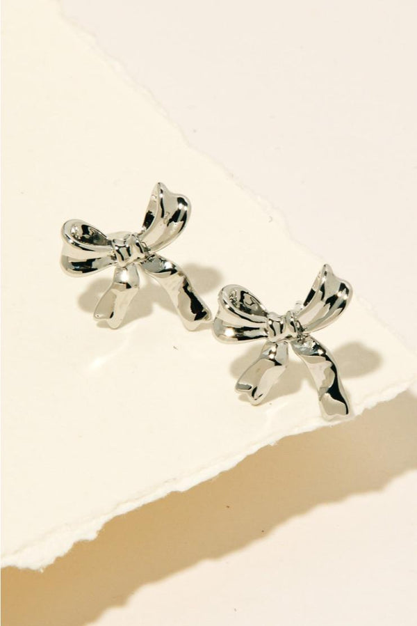 Metallic Ribbon Bow Stud Earrings - Silver