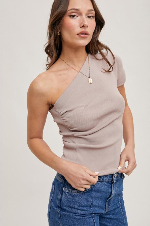 Julie Draped Knit One Sleeve Asymmetrcial Top - Taupe