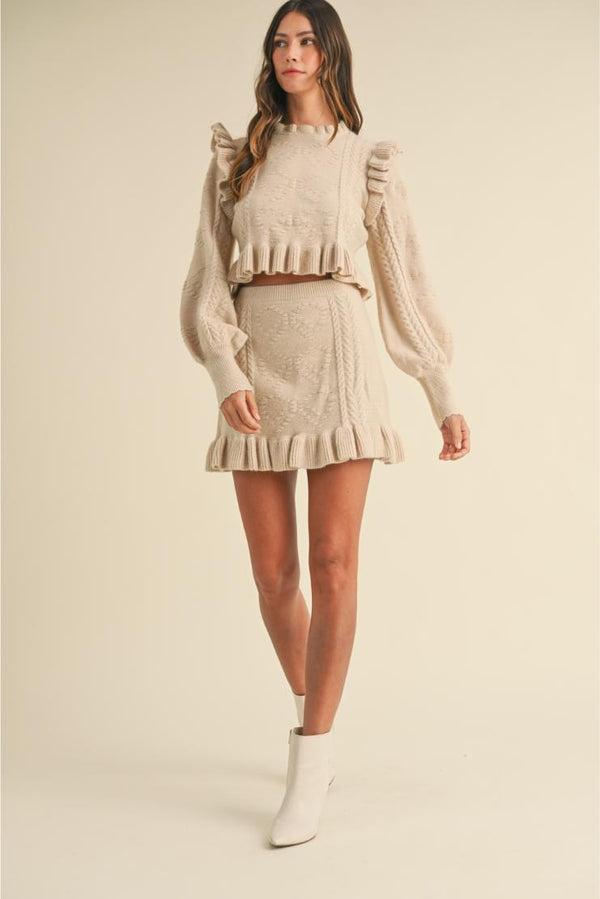 Cadey Bow Pattern Ruffle Detail Sweater & Mini Skirt (Sold Separately)