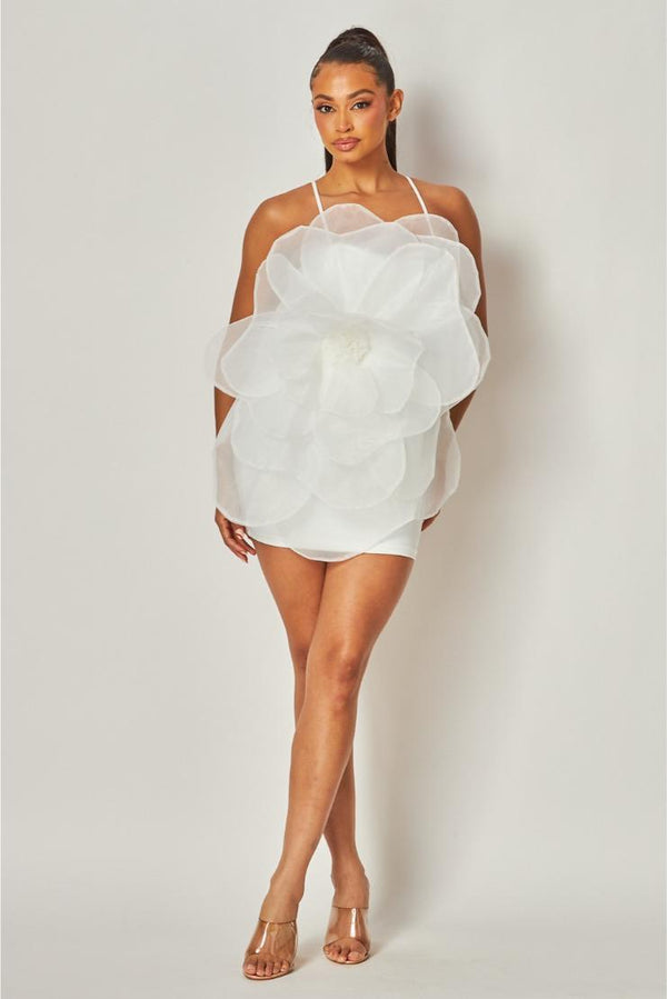 Madeline 3D Organza Flower Mini Dress - White