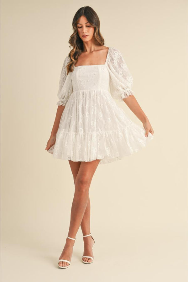 Charity Bow & Pearl Puff Sleeve Mini Dress