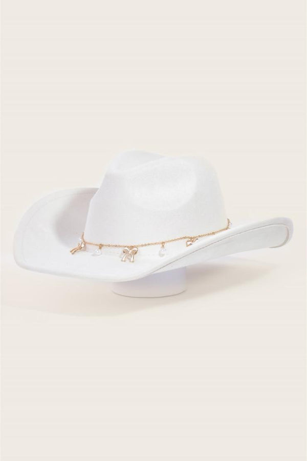 Ivory Bow and Pearl Chain Cowboy Hat