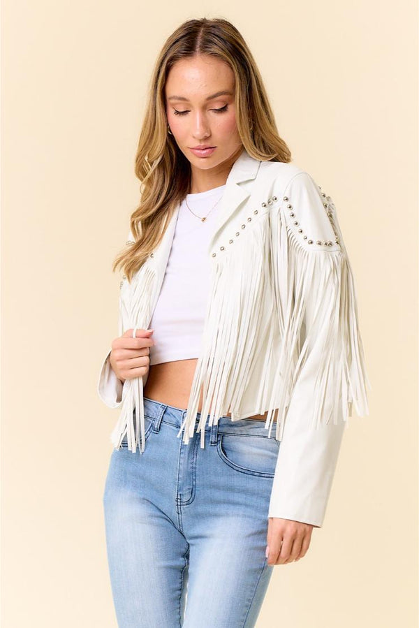 Callie Fringe Faux Leather Stud Detail Jacket - White