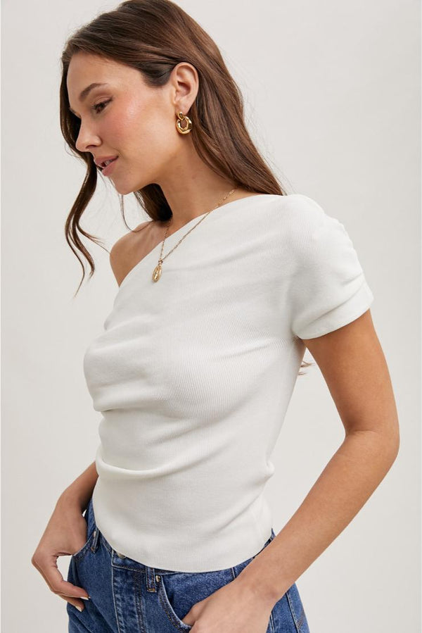 Julie Draped Knit One Sleeve Asymmetrcial Top - Ivory