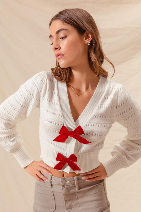 Junie Black Velvet Bow Contrast Sweater - White + Red Bows