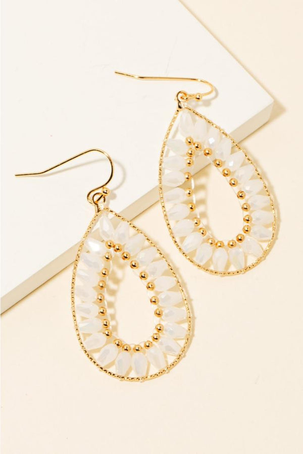 Beaded Tear Dangle Hook Earrings - White