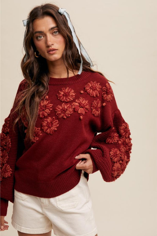 Dalia Embroidered Floral Detail Knit Sweater - Wine