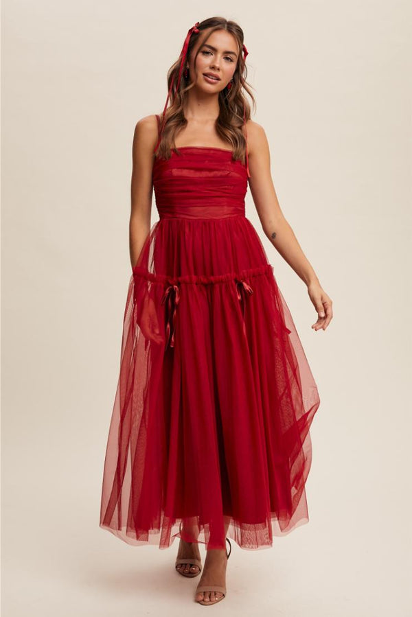 Aurelie Wine Ruched Tulle Maxi Dress - Wine