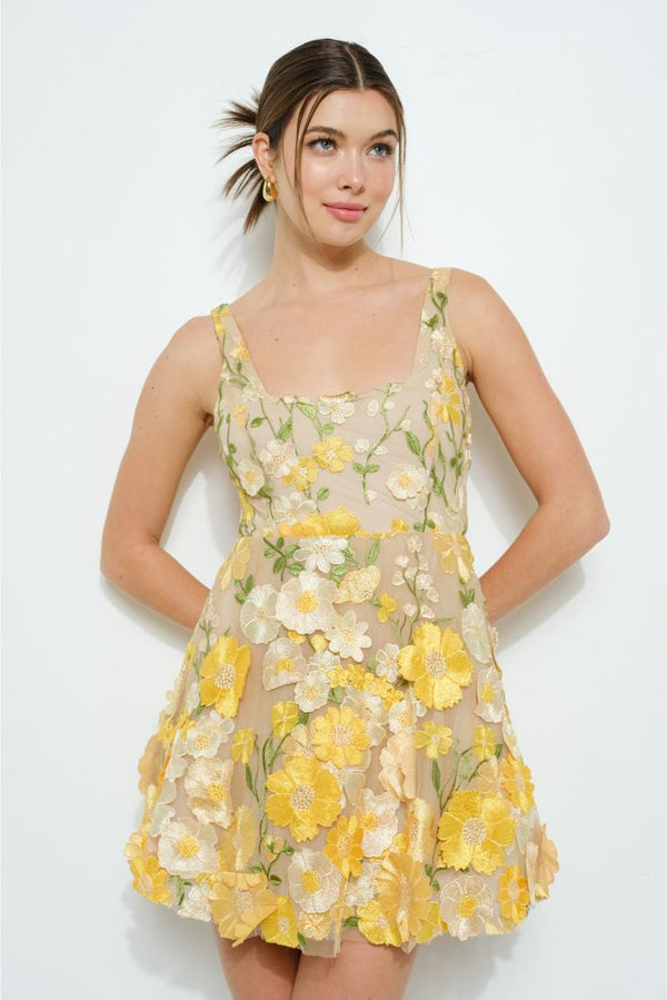 Florabeth 3D Floral Embroidered Mini Dress - Yellow