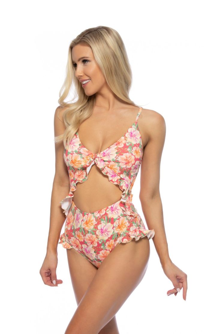 Daisy Ruffle Trimmed Cut-out One-Piece Swimsuit - Floral